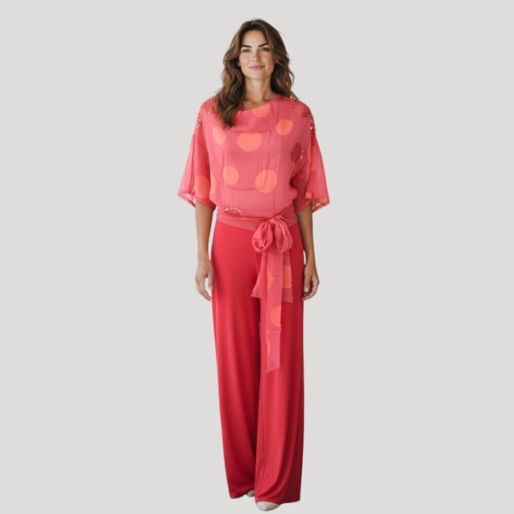 Genny Women's Pink Coral Sequin Top and Pants Set Made in Italy Designer 12 EUC